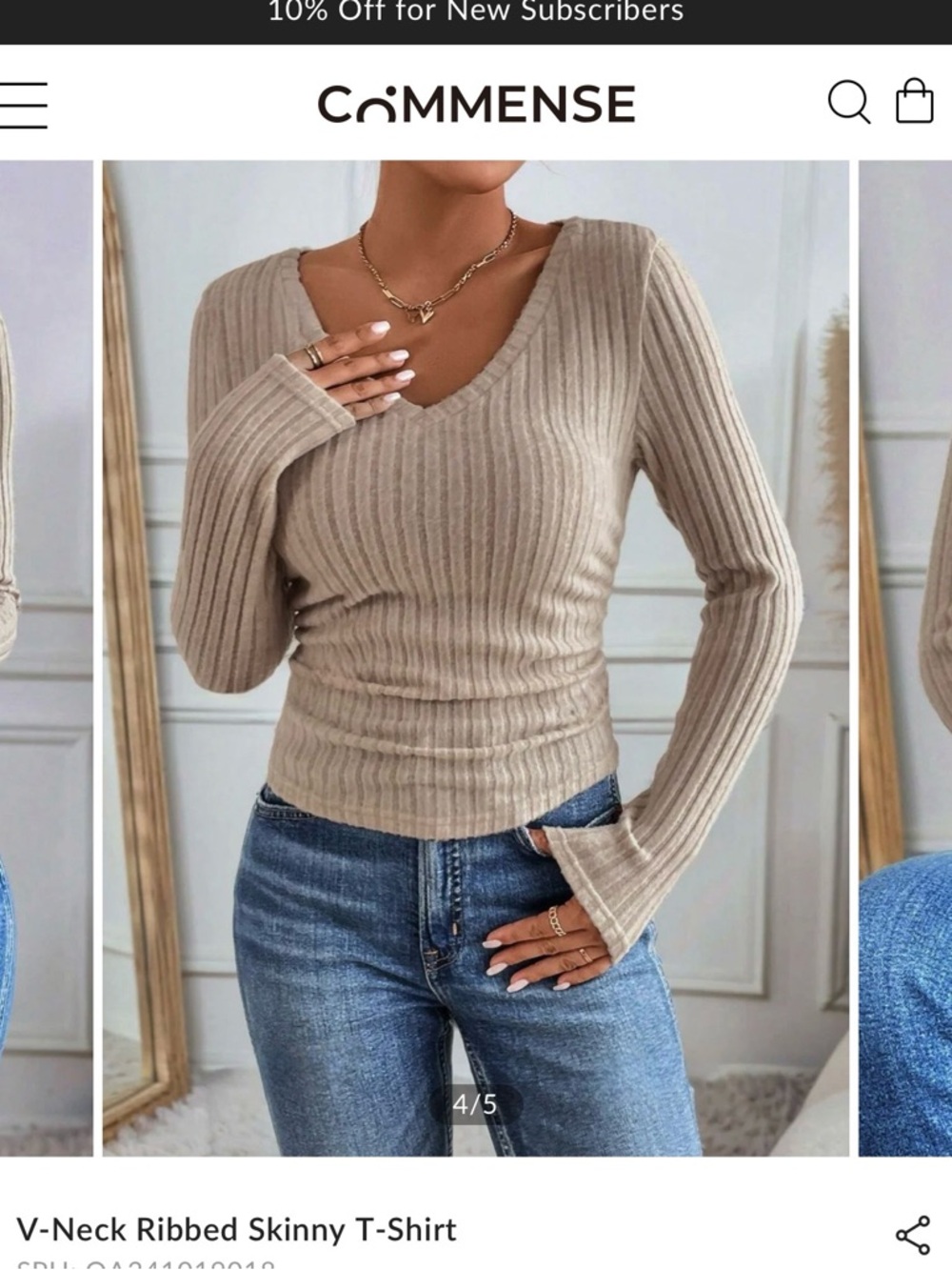 V-Neck Ribbed Skinny Sweater - Beige